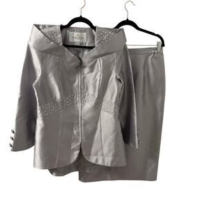 Silver Embellished Satin Suit Jacket & Skirt